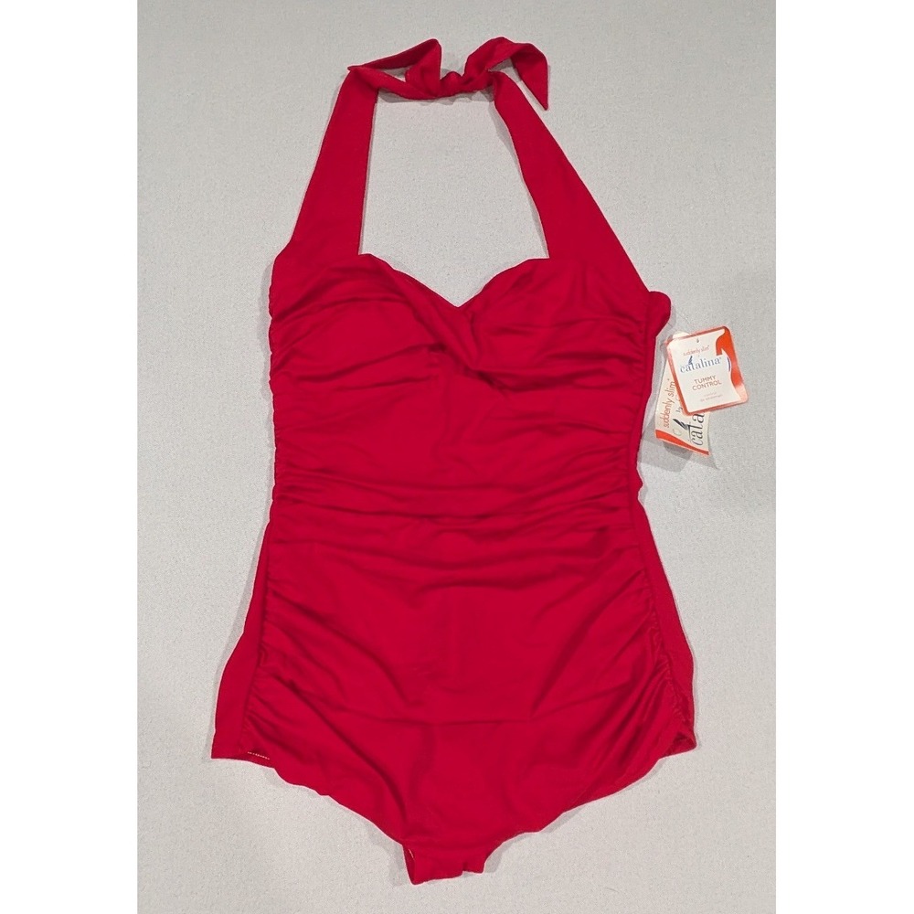 Suddenly Slim by Catalina Swimsuit Womens M Red NEW Tummy Control Ruched Halter